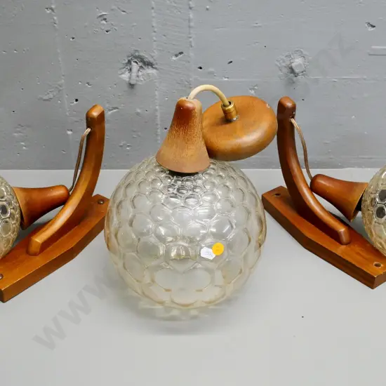 set of 3 bubble glass ball light fittings with wood mounting hardware - centre ceiling light H300 and 2 wall sconces