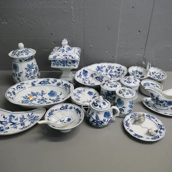 assorted Blue Danube tableware and serving items - lidded comport, 2 serving dishes, 2 jam pots, sauce boat etc.