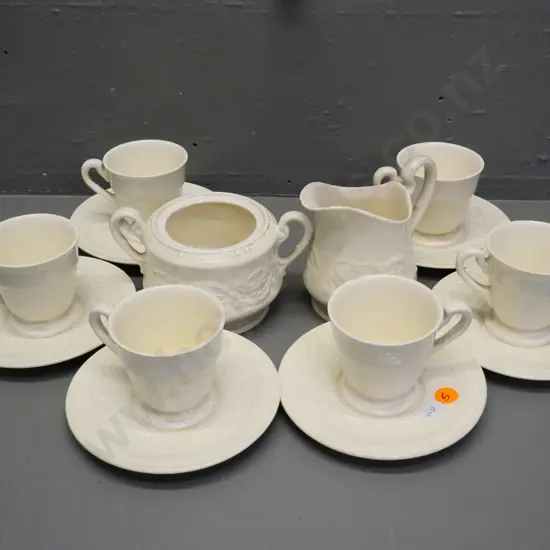 Wedgwood Patrician pattern - 6 cups & saucers, one with rim chip, creamer, and a sugar with missing lid