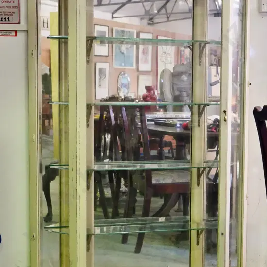 vintage painted timber shop display cabinet with mirrored back, 4 glass shelves, chips to paint H-1550 W-1110 D-220