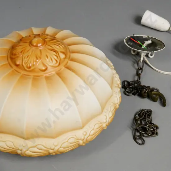 painted & frosted glass ceiling light fitting with chains and clips - some chips to rim of shade - diameter 320