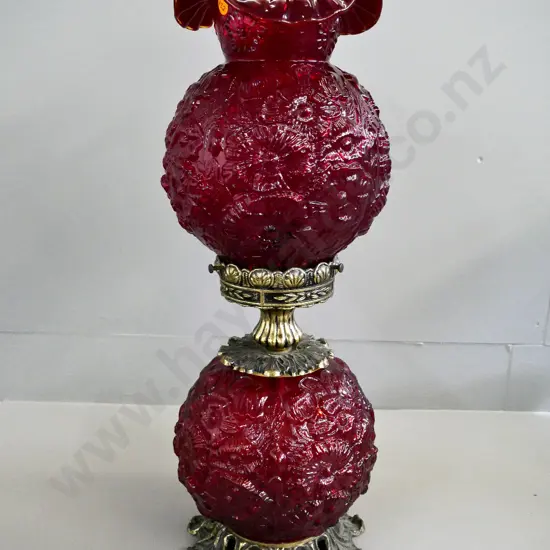 retro brass and moulded ruby glass large table lamp - cord has been cut. H-585