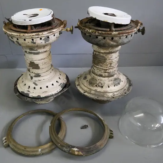 two restorer's NZR gas lamps - one with bent base, no glass, other missing bottom cowl H-440 without glass dome