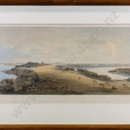 framed lithograph - view of Auckland from North Shore - artist F.R. Stack, pub. Day & Son, crease & foxing H230 W420