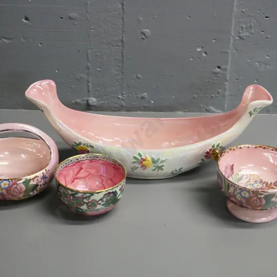 4 Maling china items - Rosalind basket and bowl, thumbprint bowl, and a flower trough H-120 W-320