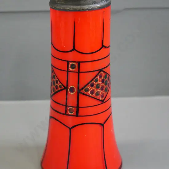 vintage deco hand painted red glass vase with sterling silver rim H-150