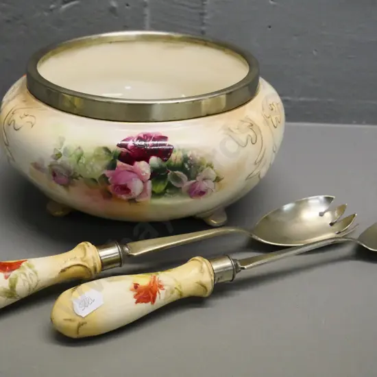 Crown Devon blush pattern salad bowl with plated rim and servers D-170 at rim