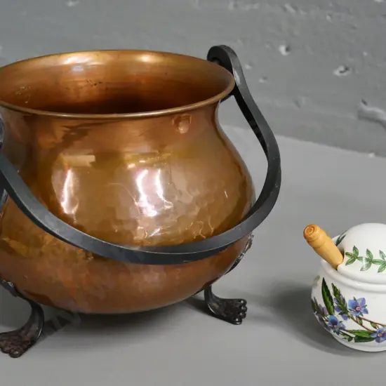beaten copper pot with 3 wrought iron feet and handle H-140 D-180 & Portmeirion botanic garden mustard pot & wood spoon