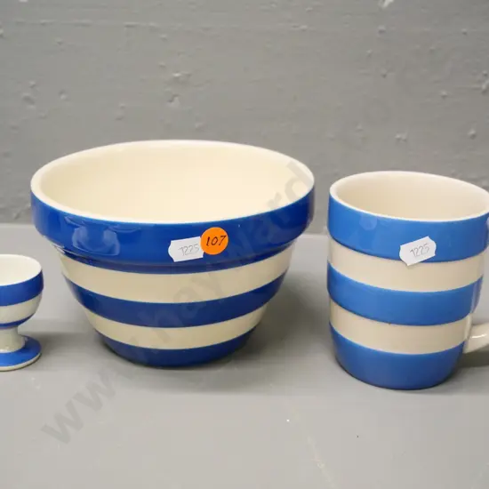 3 pieces blue stripe Cornish kitchen ware - eggcup, mug and mixing bowl - diameter 160