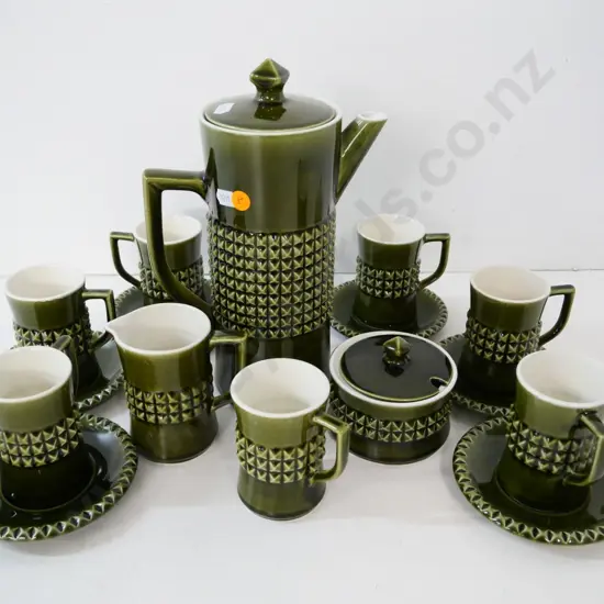 mid-century Portuguese raised diamond pattern coffee set - 6 cups & saucers plus extra cup - pot is H-270 W-170