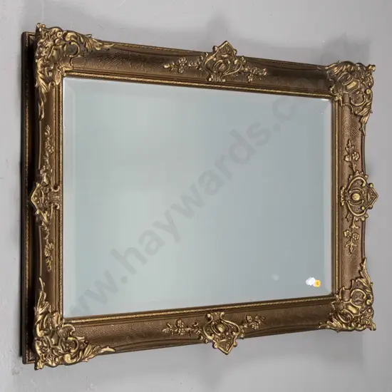 ornate bronze finish bevelled wall mirror - minor cracks in frame, edge chip to glass H750 W550