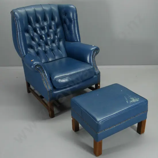 D'Vask deep-button studded leather wingback lounge chair with ottoman - minor colour rubbing H1040 W750 D700