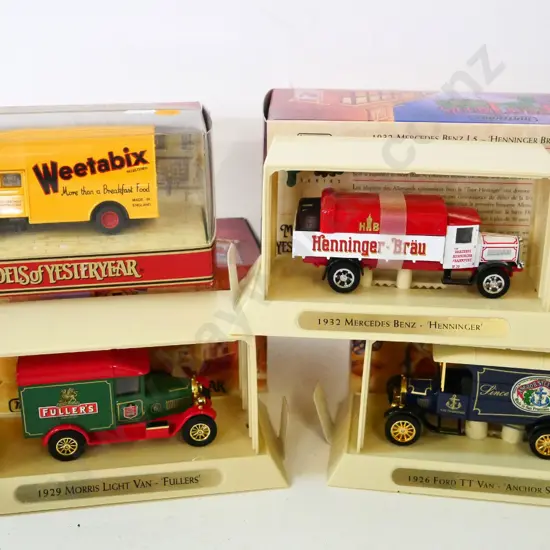 3 boxed Matchbox Models of Yesteryear "Great Beers of the World" and one Weetabix delivery trucks