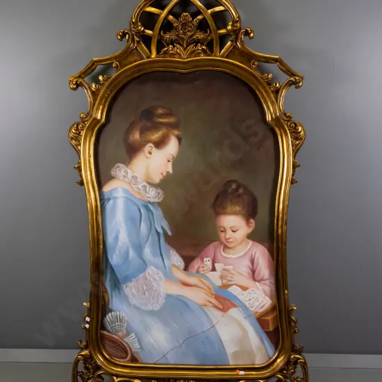 ornate gilt framed oil - mother and daughter  H-1430 W-750 (including frame)