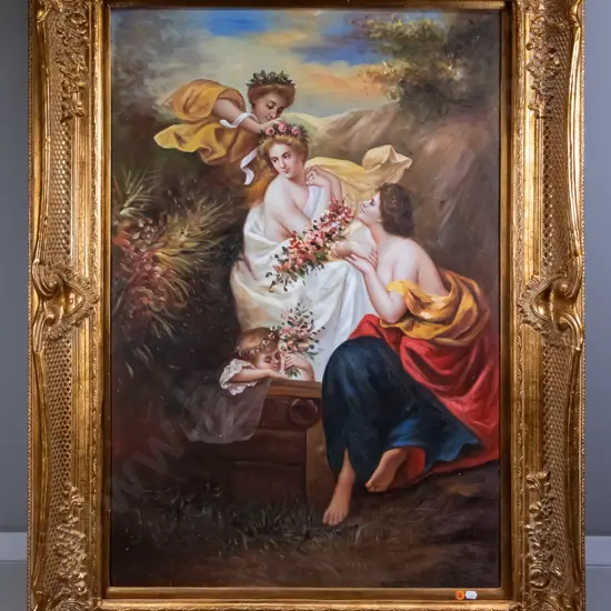 ornate gilt framed oil - group of women  H-1180 W-860 (including frame)