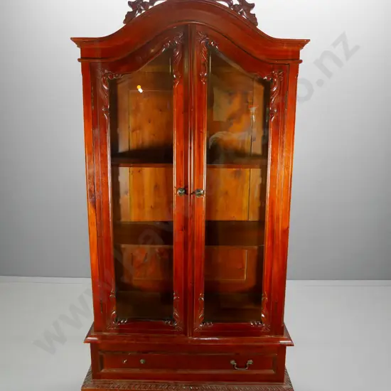 reproduction mahogany heavily carved display cabinet with drawer, 2 adjustable shelves, missing a handle H2070 W960 D500