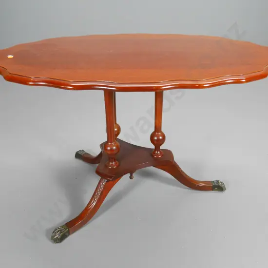 mahogany oval coffee table with column pedestal base, brass ball & claw feet - polish needs attention H-530 W-870 D-580