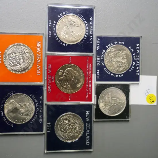 7 New Zealand commemorative collector coins - 1969 Bicentenary, 1070 & 83 Royal visits, etc.