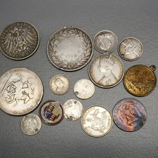 assorted vintage and antique coins - 1830 French, 1840 English, 1909 German, etc.