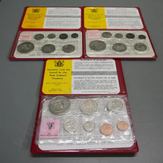 3 New Zealand annual collector coin sets - 1972, 1973, and 1975