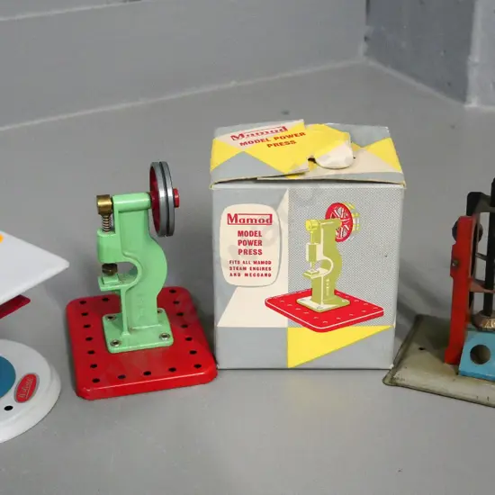 3 toy flywheel driven mechanical workshop tools - Mamod power press w/box, table saw, tin workman
