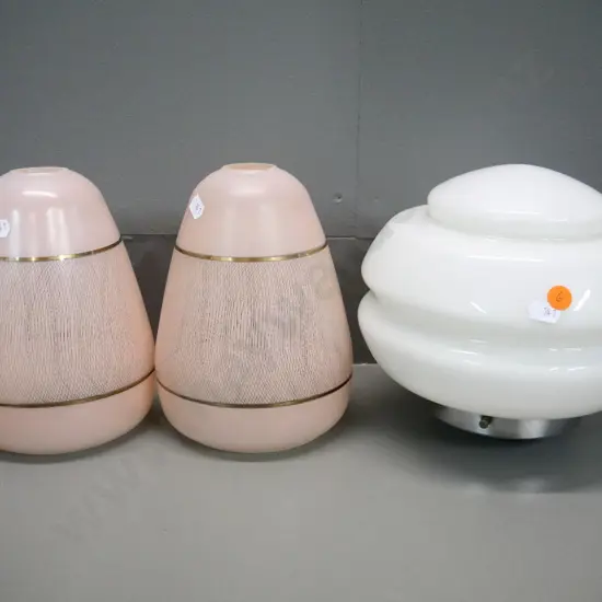 milk glass ceiling light shade with chrome journal H-190 D-220 and a pair of pink glass shades, no journals