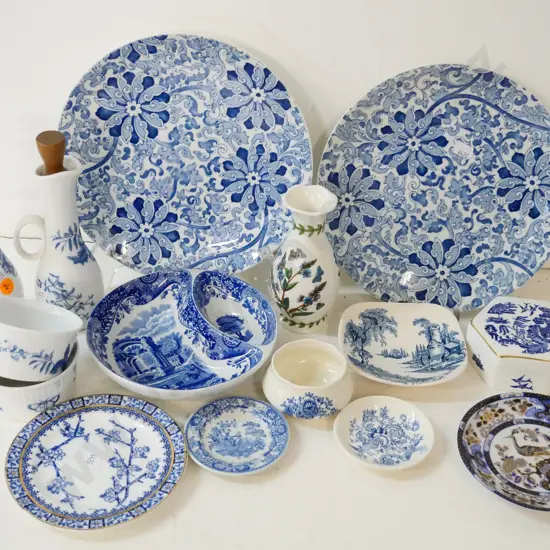 assorted blue & white china - Spode dish, pair Wood & Son plates, Royal Worcester sauce bottles, Portmeirion vase, etc.