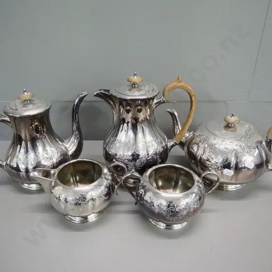 silver-plated etched pattern teapot, coffee pot, hot water pot, milk & sugar - marked Sheffield, bakelite handles