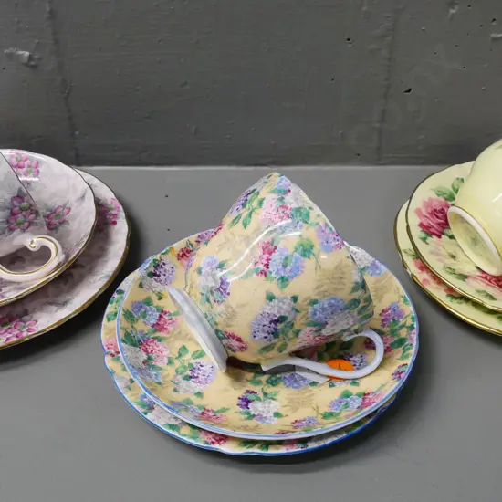 3 English bone china trios - Shelley 'Summer Glory' AOF, Tuscan & Royal Staffordshire