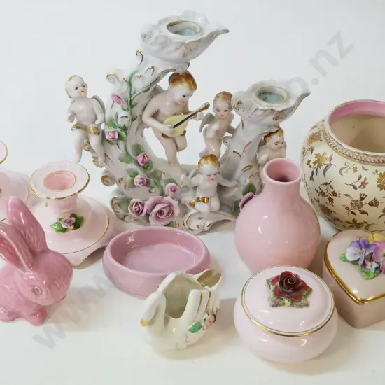 pink and white floral items including Dresden style & Adderley candle holders, Sylvac bunny (glaze flecks) etc.