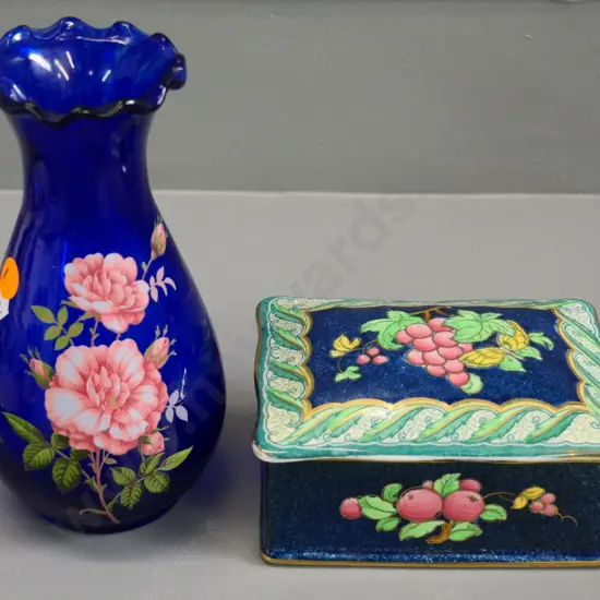 Losol Ware "Armado" lidded jewellery box and a coblat blue hand painted glass vase H-170
