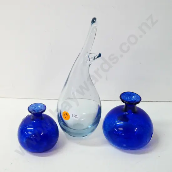 3 blue glass vases - Holmgard light blue vase No 17705, H-210, and 2 dark blue Hoglund vases