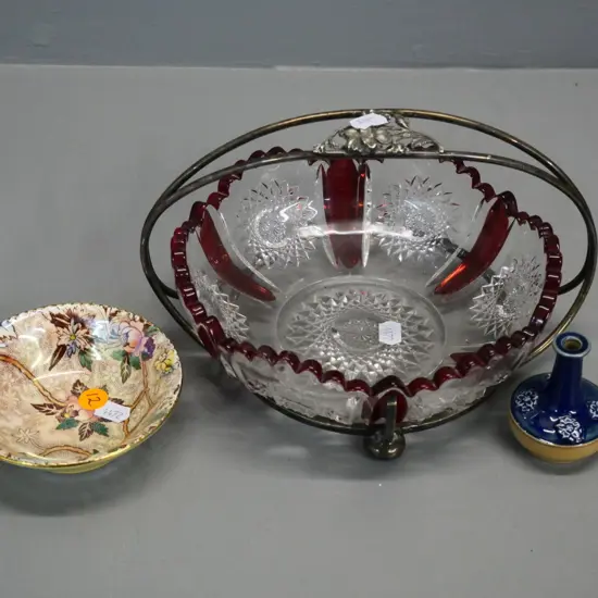 vintage ruby and clear cut glass in plated stand H140 W220, small Royal Doulton vase and a Maling dish