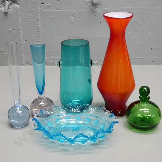 assorted glass items - green scent bottle, bubble-base bud vase, depression glass dish, 2 other vases