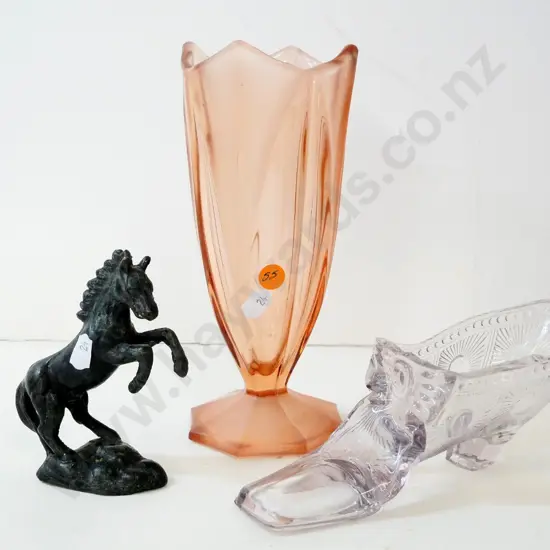 depression glass vase H-220, moulded glass shoe, and a cast metal rearing horse figure