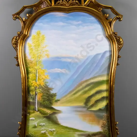 ornate gilt framed oil - lake and mountain scene H-1430 W-750 (including frame)