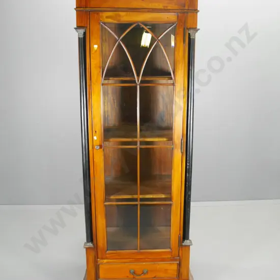 reproduction mahogany Empire style display cabinet with 3 shelves, glazed sides, crack to door glass H1890 W740 D470