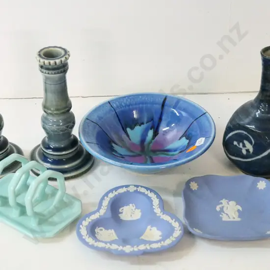pair of Irish candle holders, Christine Willis bowl, Japanese vase, Poole toast rack, 2 Wedgwood Jasperware dishes