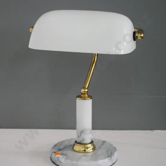 marble and brass based banker's lamp with milk glass shade H-350 W-250