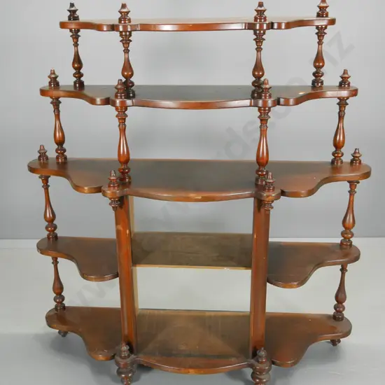 Victorian 5-tier display shelf with turned supports - polish needs attention H-1150 W-1200 D-380 - missing cupboard door