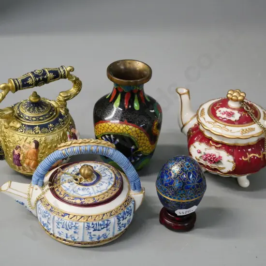 cloisonne vase and egg on stand, and 3 ornate miniature teapots - 2 are composite, one procelain. Vase H-95