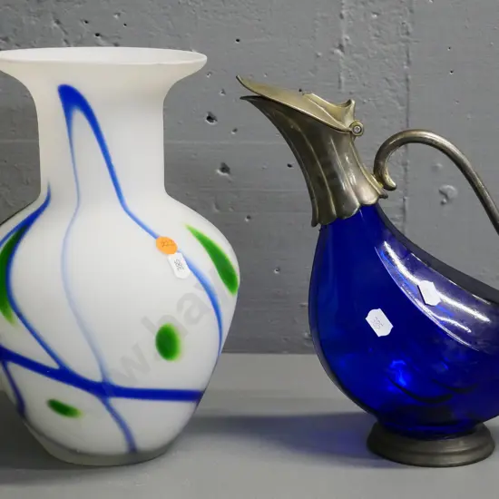 frosted white, blue and green glass vase H-260 and a blue glass bird-theme claret jug w/plated mount, plating worn off