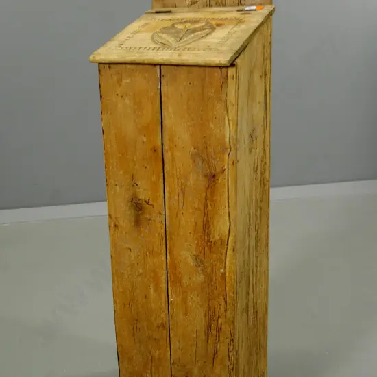 antique Scandinavian kitchen/bread-stick bin with carved lid - has a lot of borer and splitting H-980 W-230 D-210