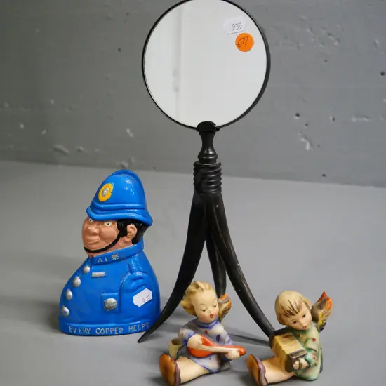 small tabletop mirror with 3 horn legs H-290, 2 small Goebel angel candle holders, reproduction cast metal money box