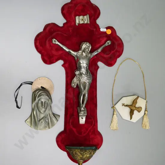 metal crucifix font on velvet covered wood backing (crack to wood) H-460, metal dove on marble back, cast metal Madonna