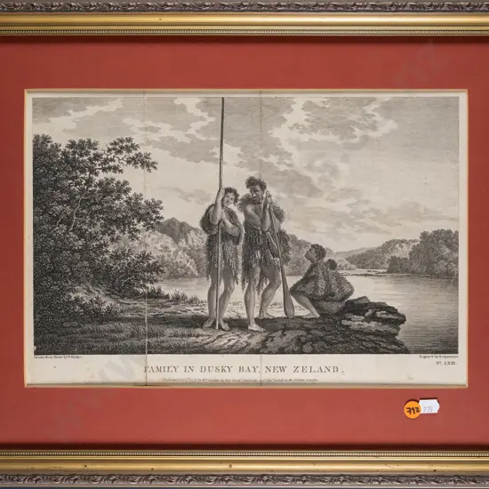 framed reproduction engraving - Family in Dusky Bay, New Zeland H-230 W-350