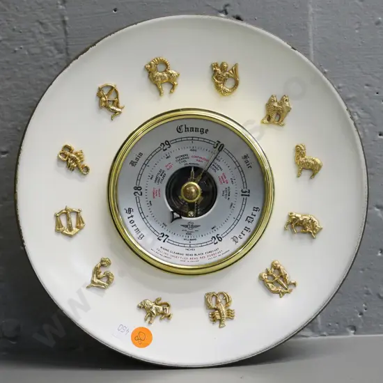brass and enamel zodiac-theme wall barometer - marked S.B. Made in England, some wear to finish. Diameter 220