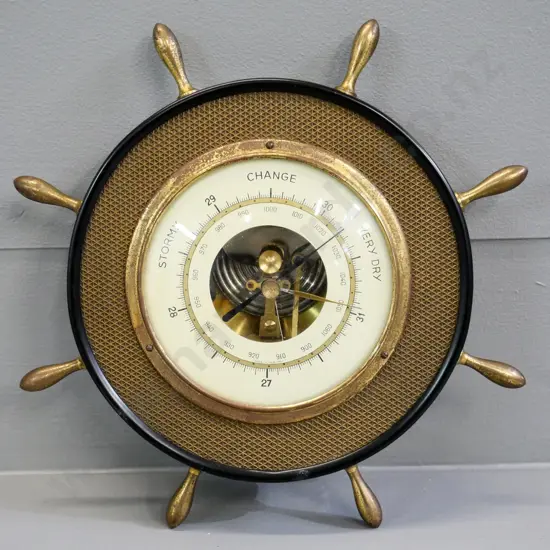 retro German bakelite and brass cased ship's wheel wall barometer - some pitting to front facing. W-220
