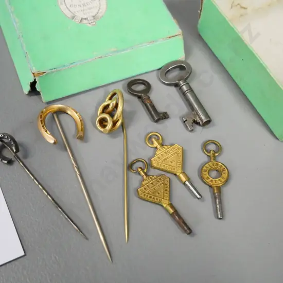 pocket watch and other keys, unmarked gold tie pins - 2 watch keys are GT Young Dunedin, Timaru etc.
