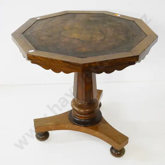 oak octagonal column base occasional table with ball feet - stains to tooled leather inset top. H-495 Diameter 510